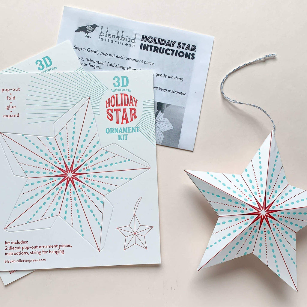 DIY holiday star ornament letterpress printed in blue and red - Austin Gift Shop