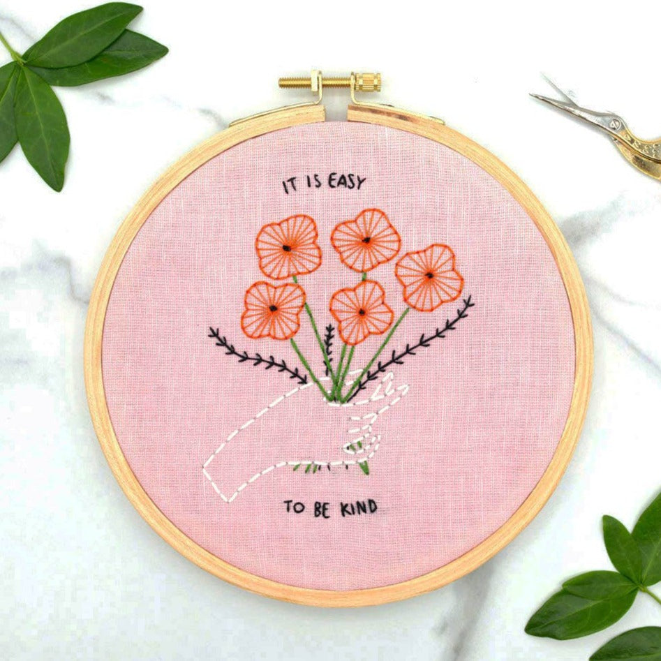Pink Flower Embroidery Patterns - DIY Embroidery Kit - Cute
