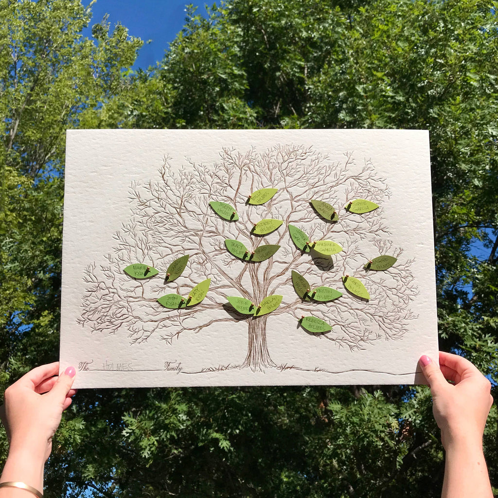 letterpress board of a tree with green paper leaves to create a family tree - Austin Gift Shop 