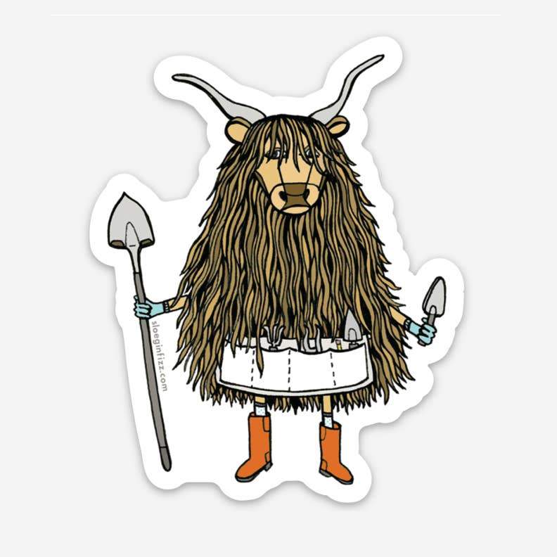 Gardener Yak in boots with shovel tool apron and trowelSticker - Austin Gift Shop