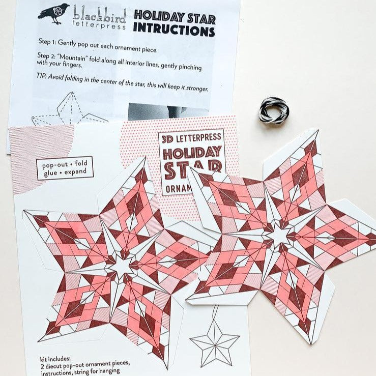 DIY holiday star ornament letterpress printed in red in geometric patterns - Austin Gift Shop - close