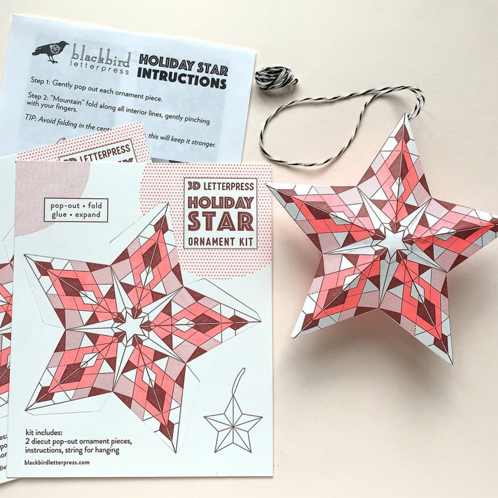 DIY holiday star ornament letterpress printed in red in geometric patterns - Austin Gift Shop