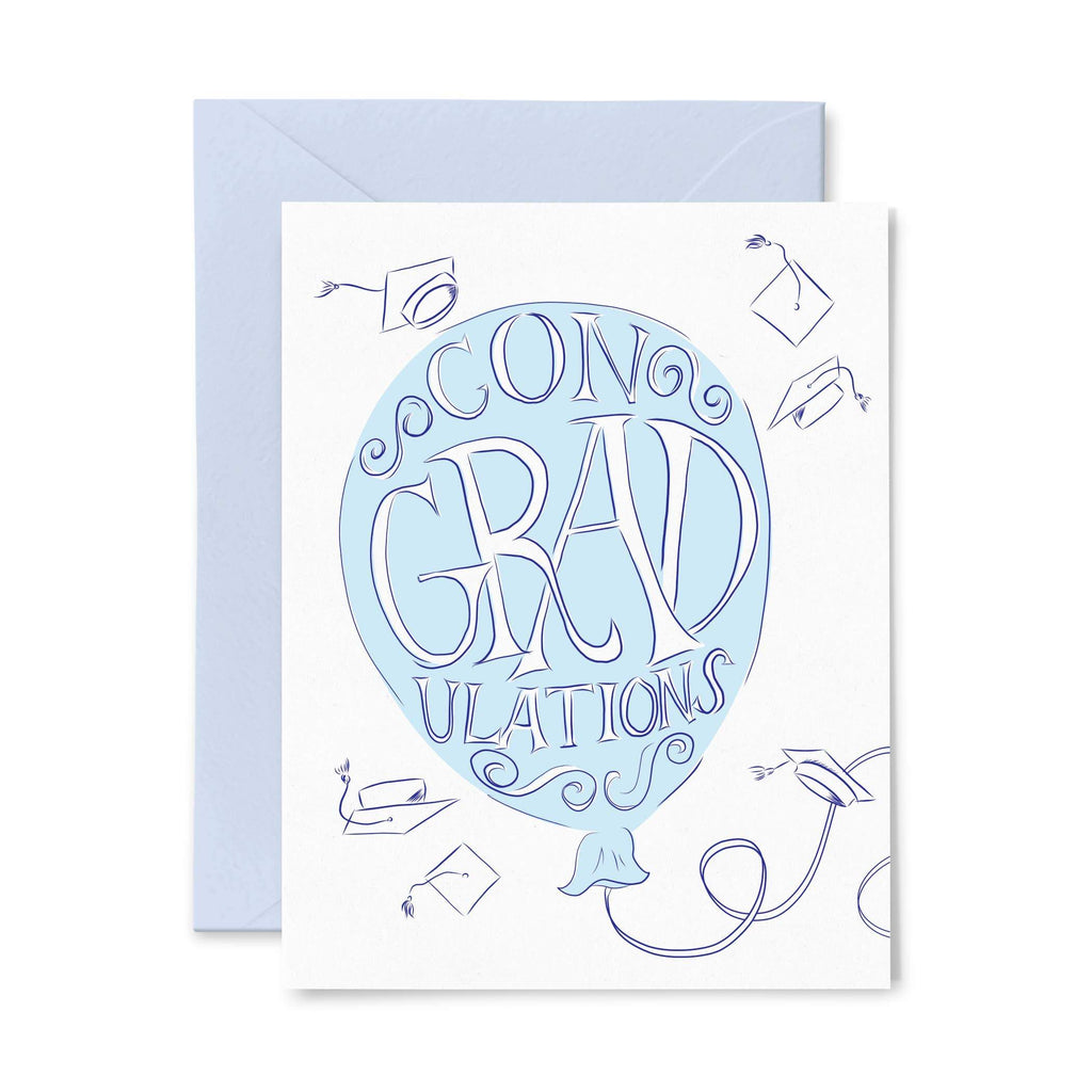 White and blue Letterpress Card with balloon that has ConGRADulations Text - Austin Gift Shop