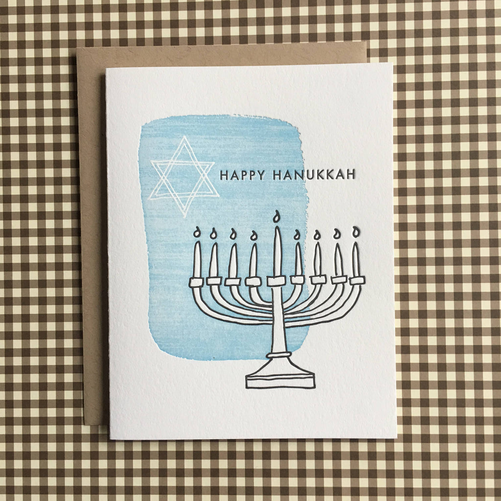 Happy Hanukkah Star of David blue Menorah Letterpress card - Austin Gift Shop