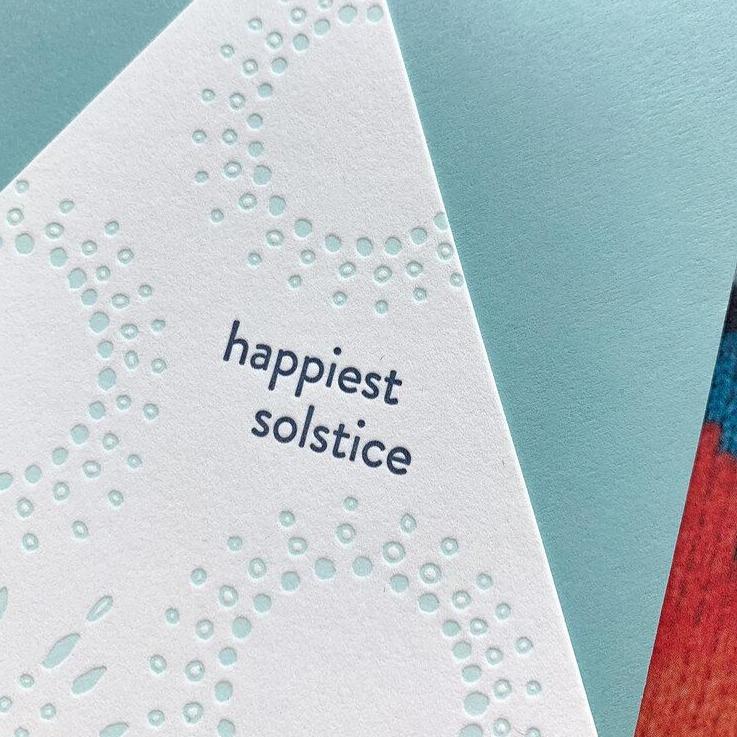 Tree shaped card letterpress printed  blue and navy with happiest solstice text zoom - Austin Gift Shop