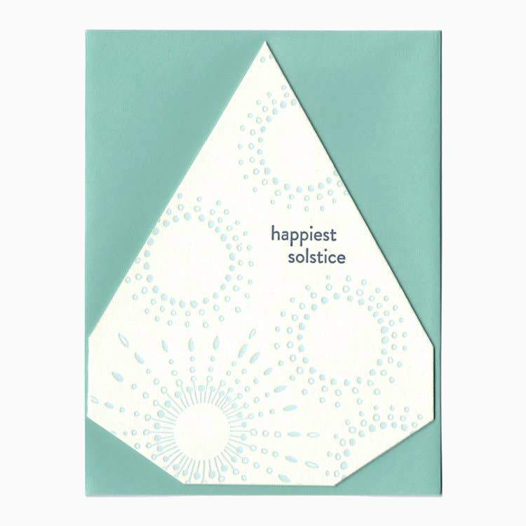 Tree shaped card letterpress printed  blue and navy with happiest solstice text - Austin Gift Shop