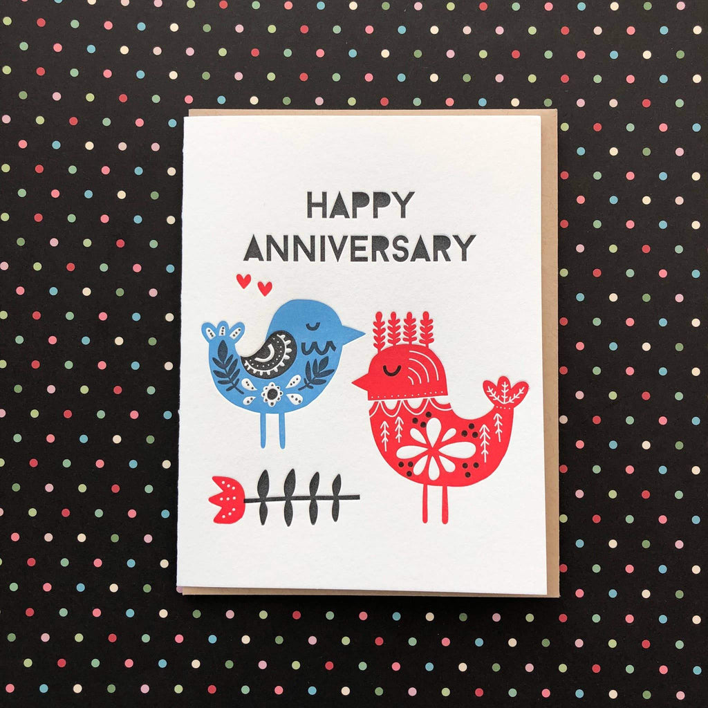 Blue and red Happy Anniversary Birds Letterpress card - Austin Gift Shop