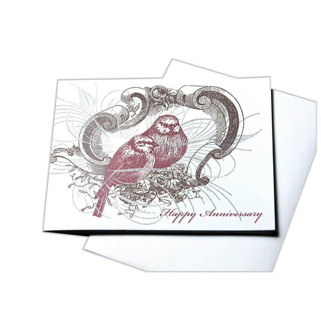 Happy Anniversary Love Birds Blank Letterpress Card - Austin Gift Shop