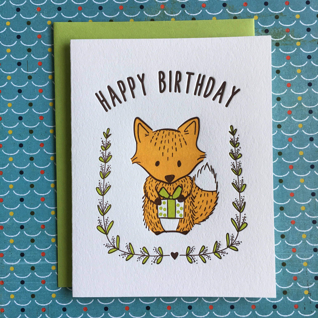 orange and green Happy Birthday Fox holding gift letterpress card - Austin Gift Shop