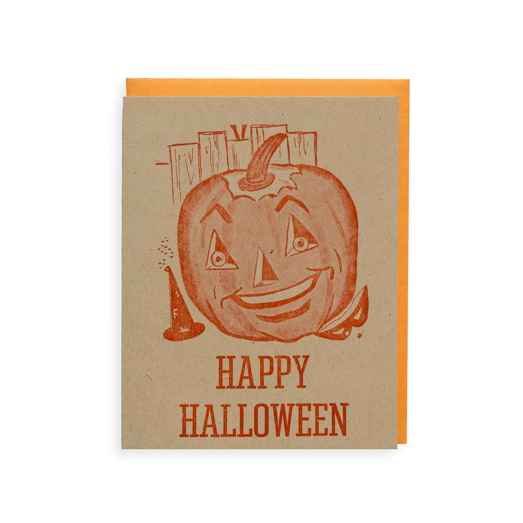 Orange jack o lantern Happy Halloween Letterpress Card - Austin Gift SHop
