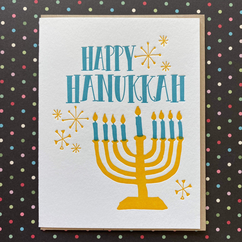 Yellow and blue Happy Hanukkah Menorah Letterpress card - Austin Gift Shop