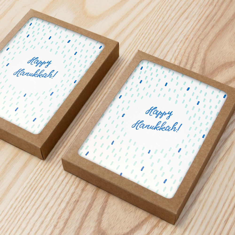 Letterpress blue and white greeting card set with Happy Hanukkah text