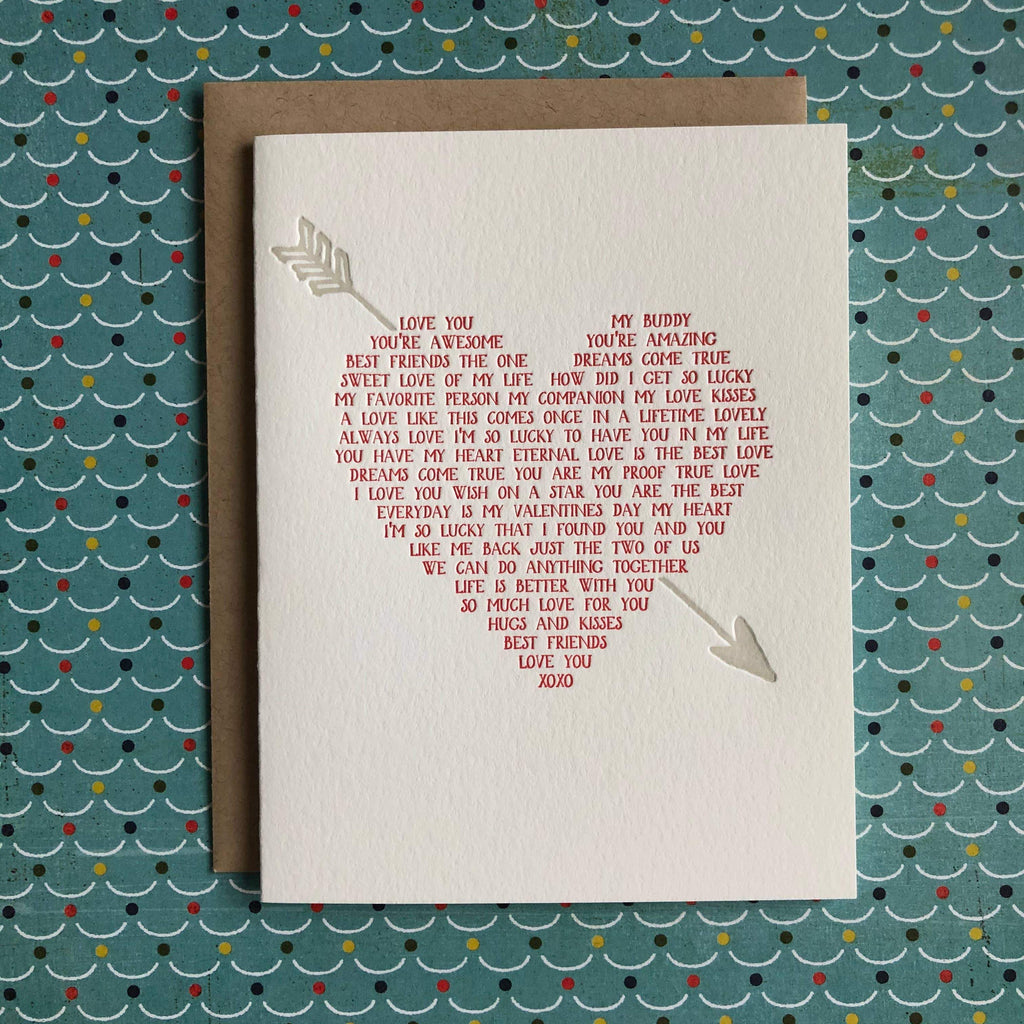 Words of Affirmation creating red Heart Love Story Letterpress Card - Austin Gift Shop