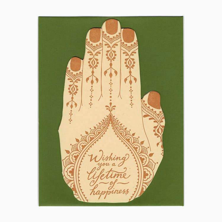 letterpress wedding card with henna and wishing you a lifetime of happiness text  - Austin Gift Shop