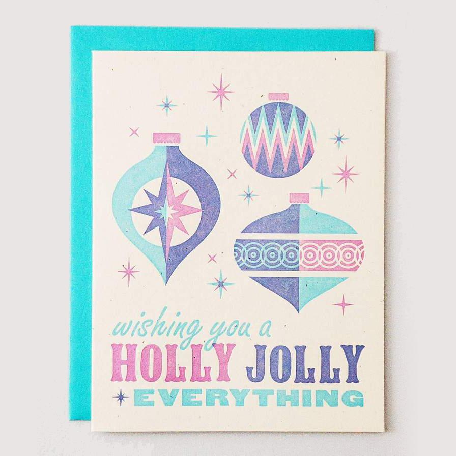 Blue and purple ornament Wishing you a Holly Jolly Everything Letterpress Card - Austin Gift Shop