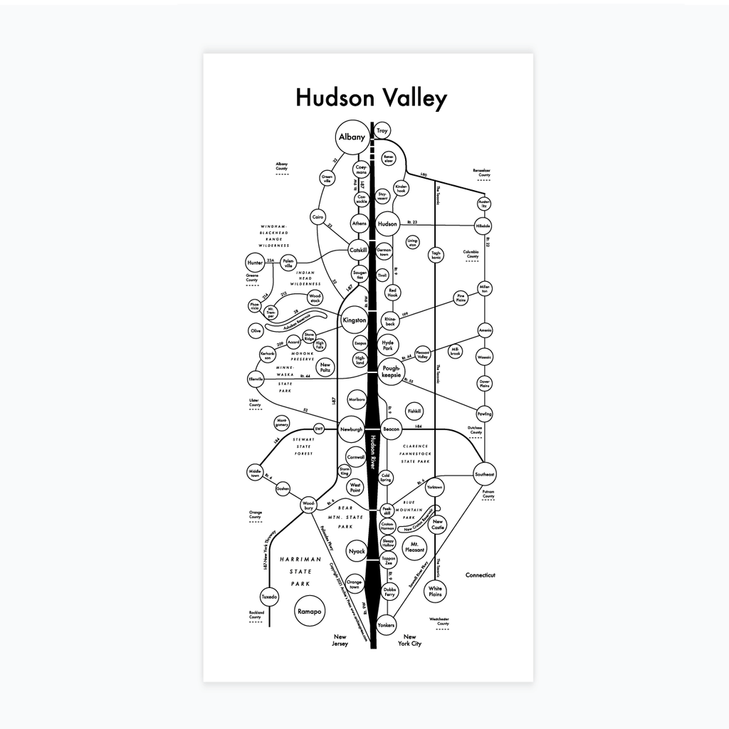 Black and white letterpress map print of Hudson Valley and its neighborhoods - Austin Gift Shop 