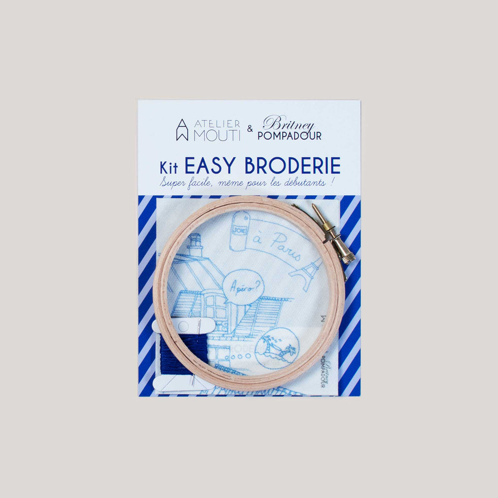 Easy Embroidery Kit with blue etched rooftops and a Paris text- Austin Gift Shop