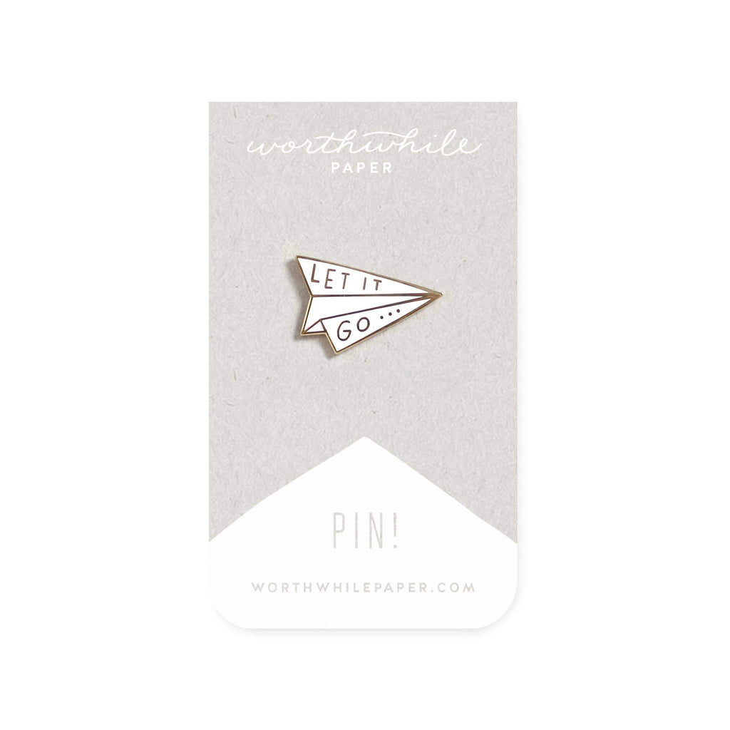 White Paper airplane with gold Let It Go Text Enamel Pin - Austin Gift Shop