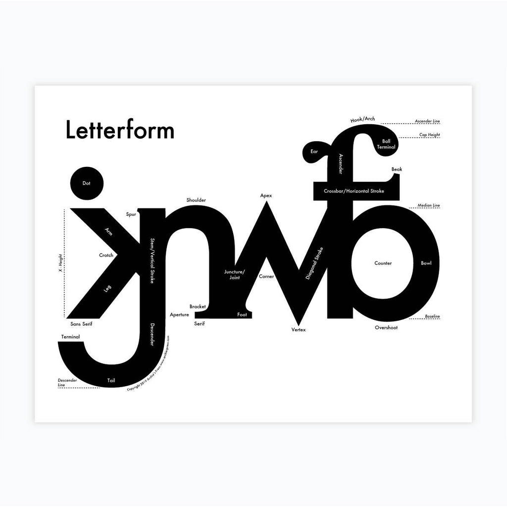 Black and white letterpress Letterform print describing the anatomy of letters - Austin Gift Shop