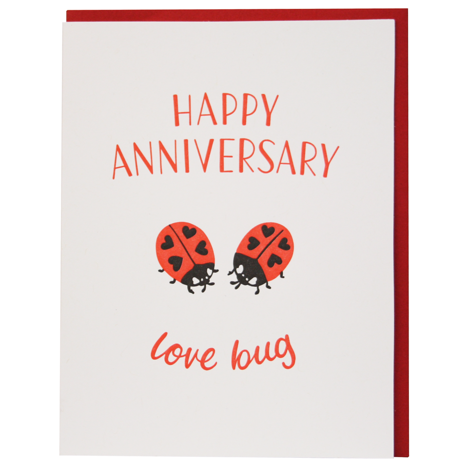 Happy Anniversary love bug text with Ladybugs with hearts Letterpress Card - Austin Gift Shop