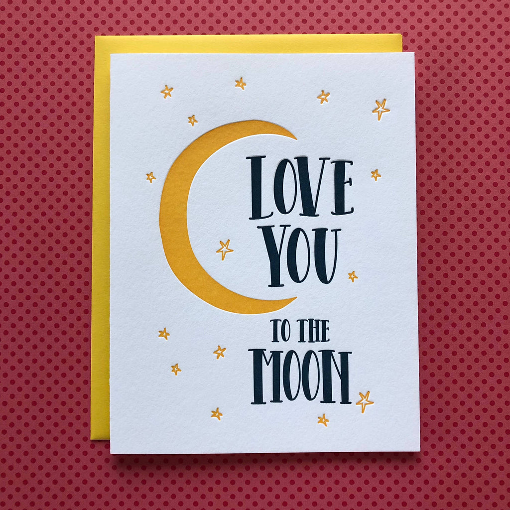 yellow crescent moon and stars Love You to the Moon letterpress card - Austin Gift Shop