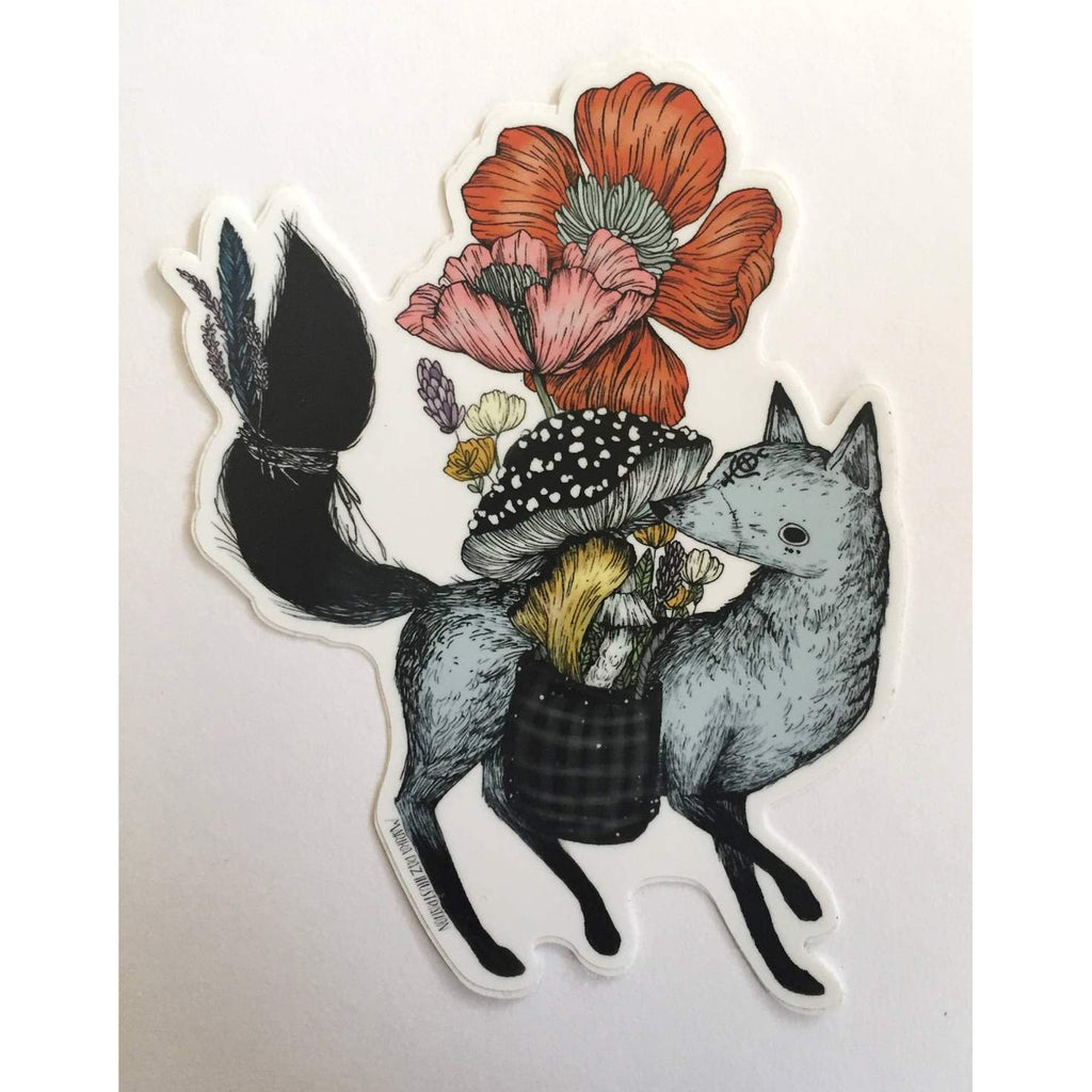 grey fox carrying flowers and mushrooms Sticker - Austin Gift Shop