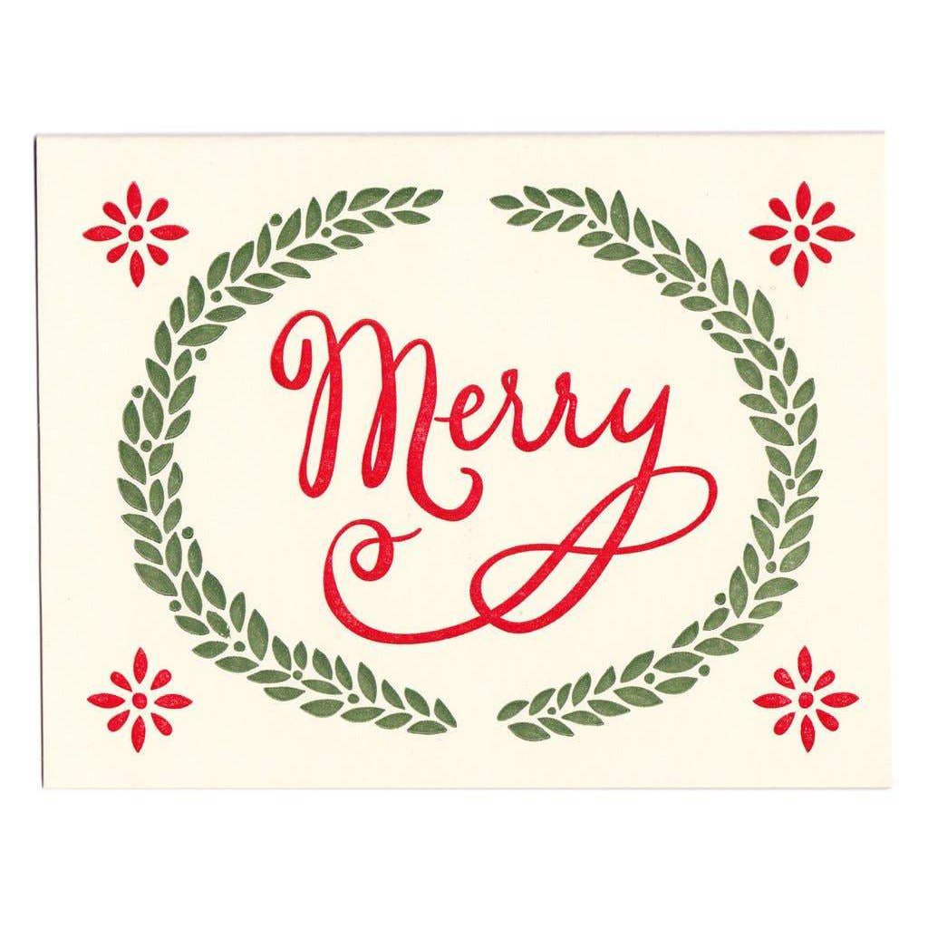 Red Merry text with green wreath around it Holiday Letterpress Card - Austin Gift shop