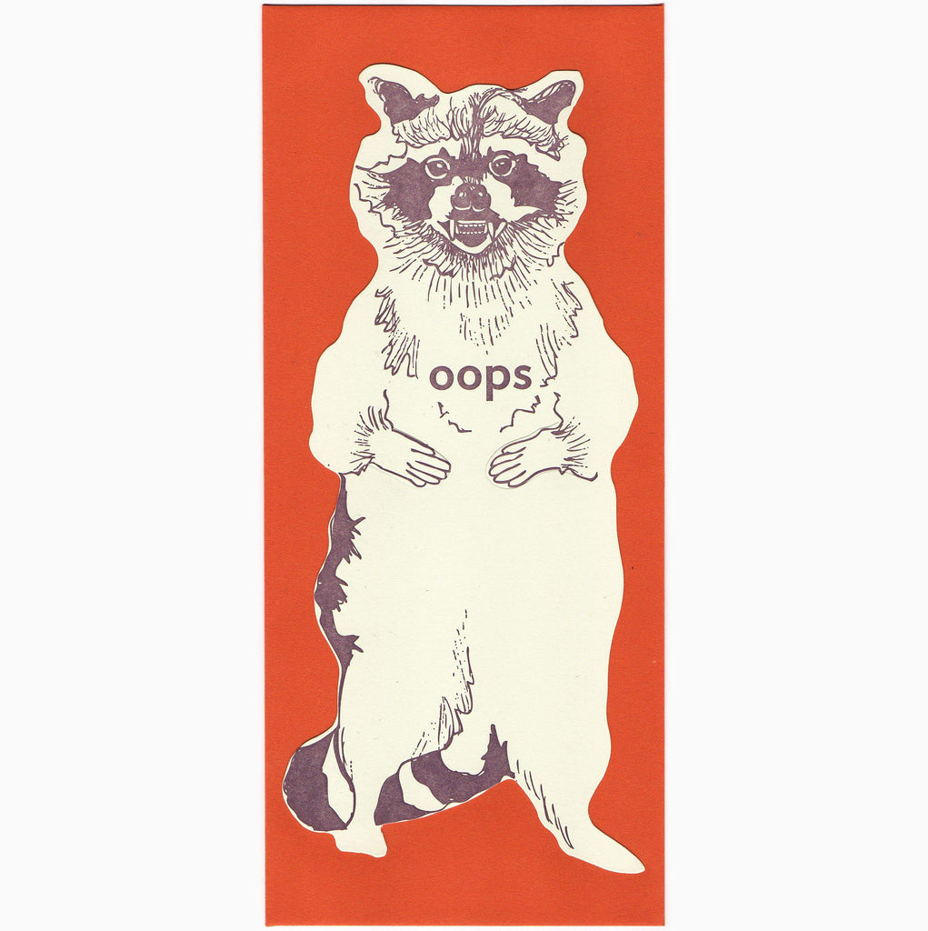 Cream with dark purple Letterpress card with a raccoon with oops text - Austin Gift Shop