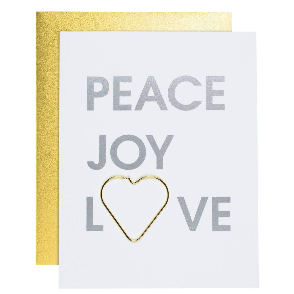 letterpress card with silver peace love joy text and a gold heart paperclip - Austin Gift Shop