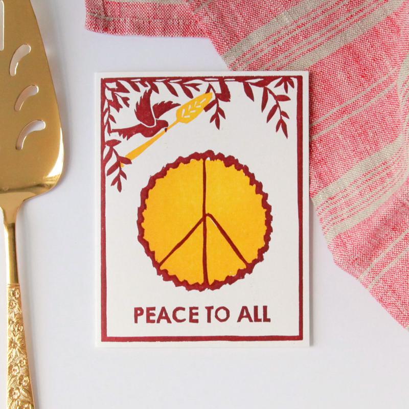 Red and orange Peace of Pie Holiday Letterpress Card Peace to all text - front - Austin Gift Shop