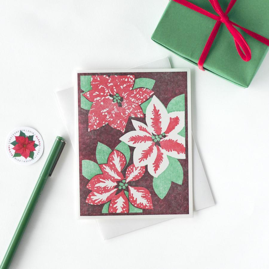 red and green Poinsettias Holiday letterpress Card front view - Austin Gift Shop