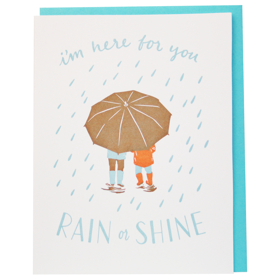 Blue I'm here for you rain or shine text with kids under umbrella Letterpress Card - Austin Gift Shop