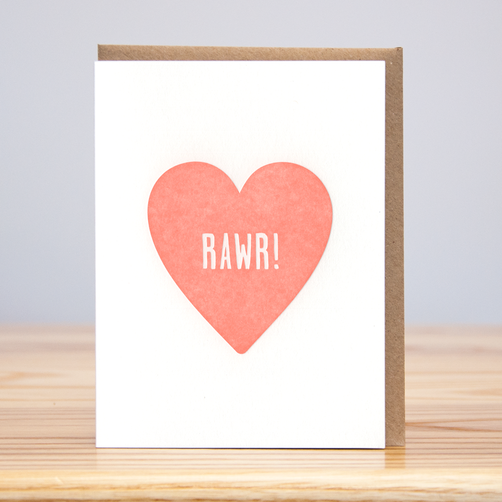 Rawr! text in pink heart letterpress card - Austin Gift Shop