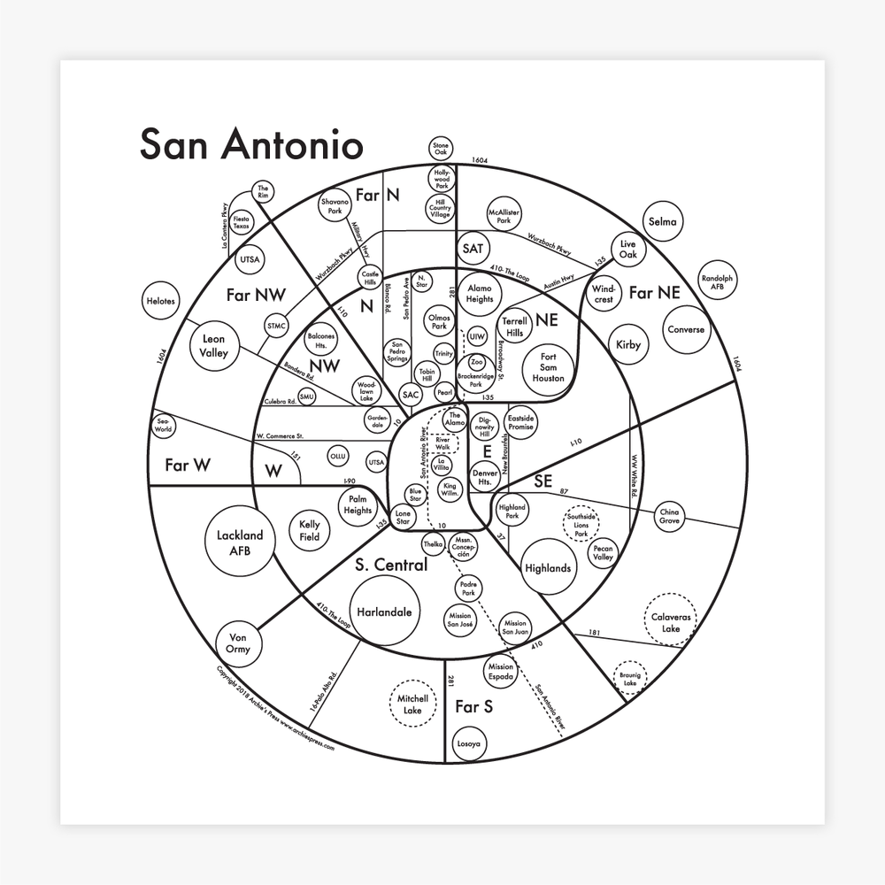 black and white Letterpress San Antonio Circular Neighborhoods Print Art - Austin Gift Shop