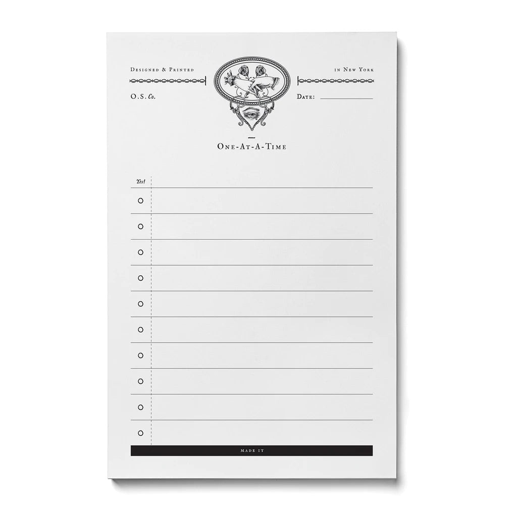 Lined white and black letterpress notepad with seeing eye artwork and one at a time text - Austin Gift Shop