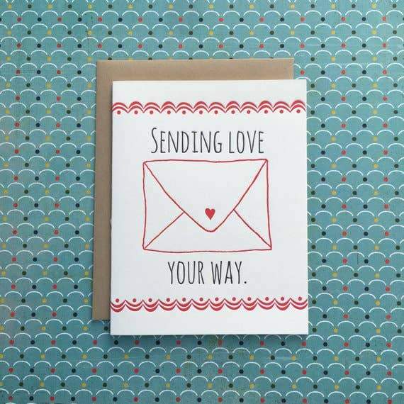 Sending Love your way with red Envelope and heart Letterpress Card - Austin Gift Shop