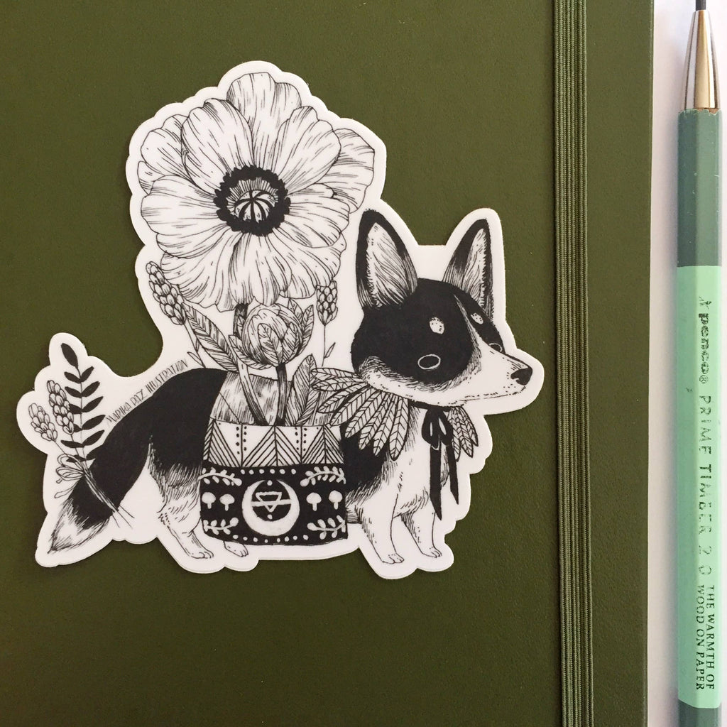 Black and white corgi carrying flowers Short Foot Sticker - Austin Gift Shop