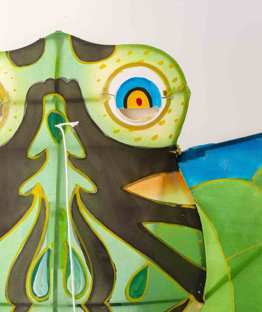 Green Paper Silk Frog Kite with lilypad and lotus flower tails - Austin Gift Shop - Close View