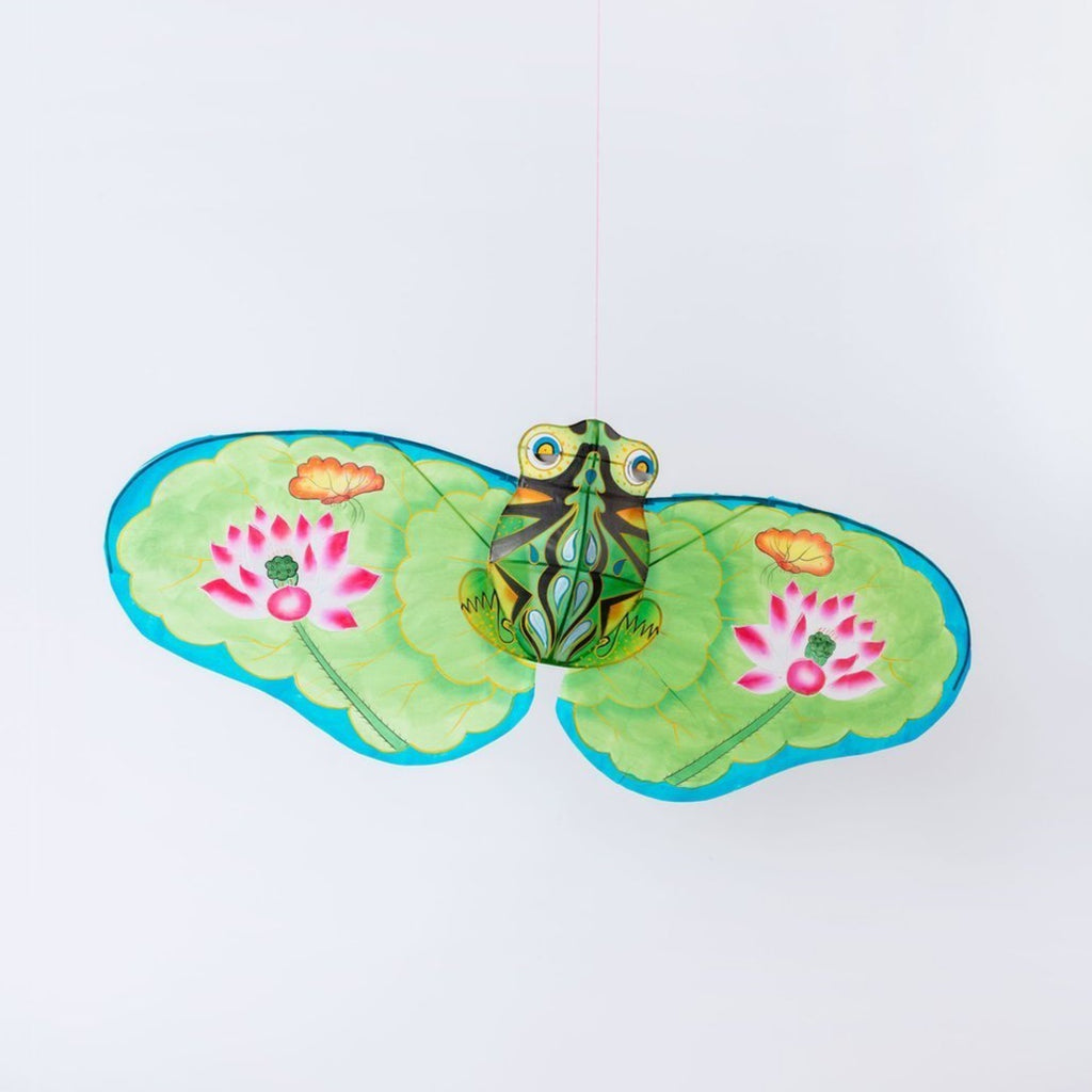 Green Paper Silk Frog Kite with lilypad and lotus flower tails - Austin Gift Shop