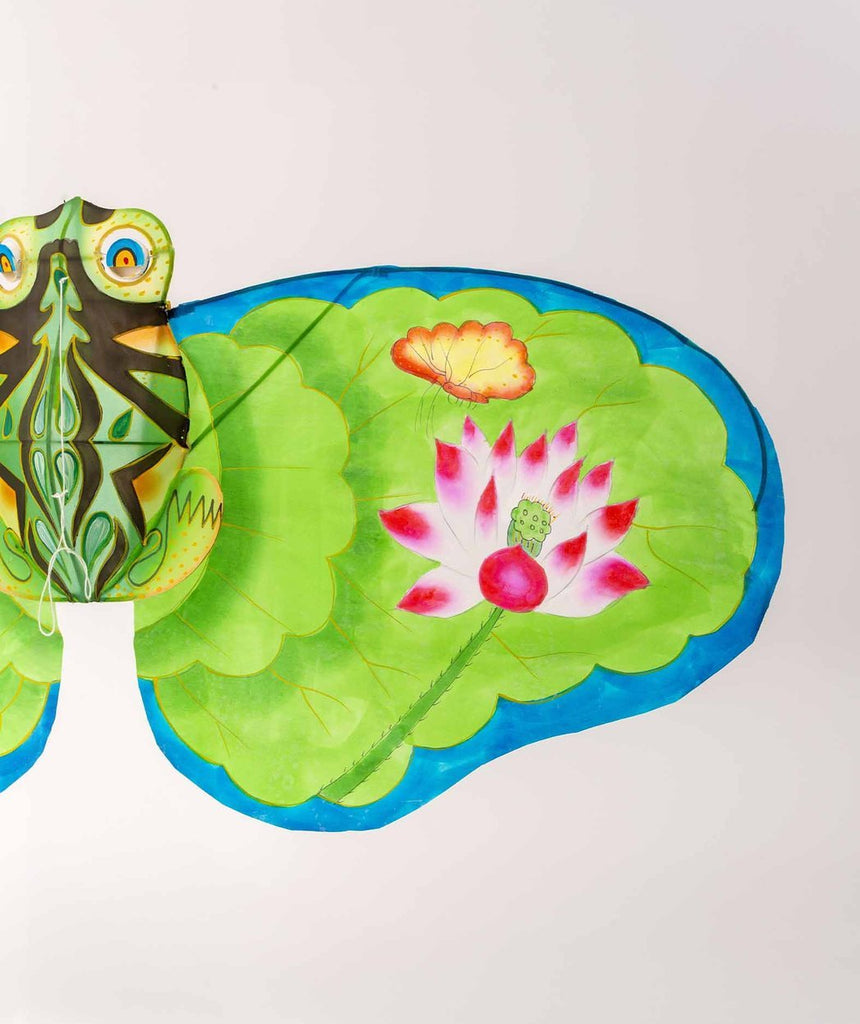 Green Paper Silk Frog Kite with lilypad and lotus flower tails - Austin Gift Shop - Wing View
