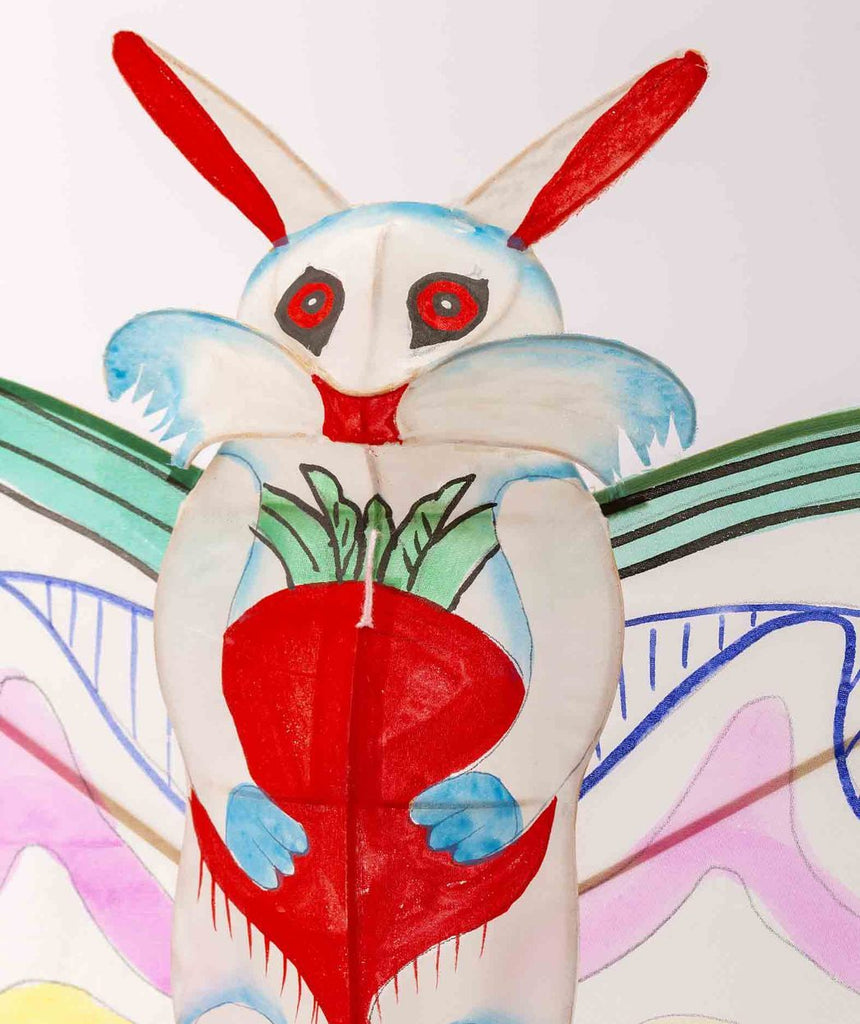 Paper Silk White Bunny Rabbit Kite with radish - Austin Gift Shop - Close View