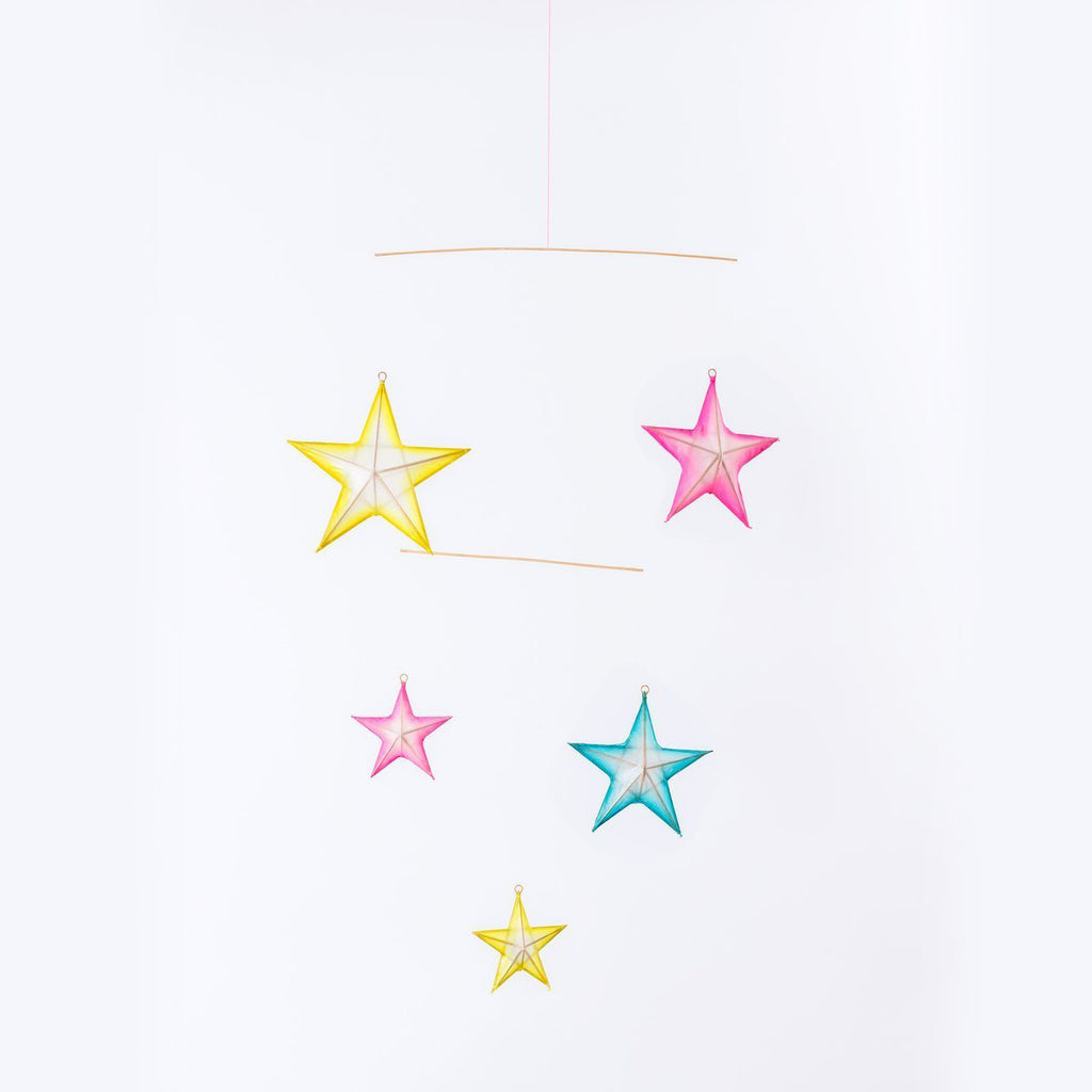 Yellow pink and blue paper Silk Star Mobile - Austin Gift Shop