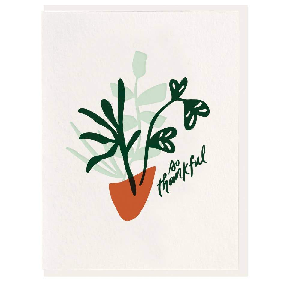 white letterpress card with a orange pot filled with plants and so thankful Text - Austin Gift Shop