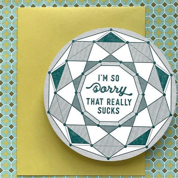 Cream and teal Letterpress circle card with I’m so sorry that really sucks text -alt- Austin Gift Shop