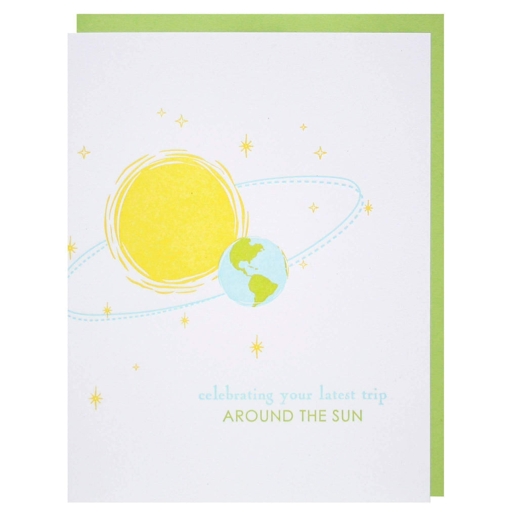 Celebrating your latest trip around the sun text Earth Birthday Letterpress Card - Austin Gift Shop