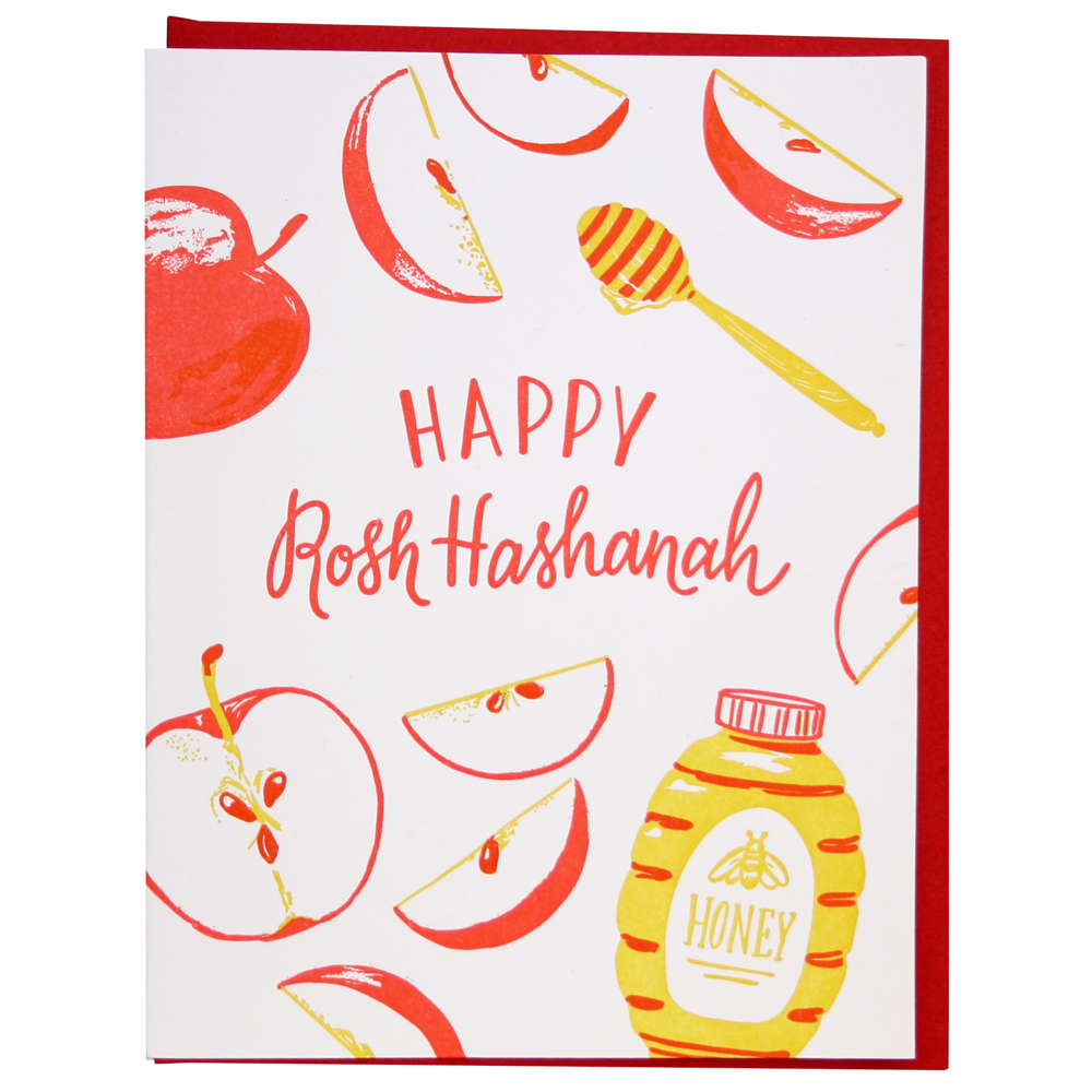 Red and yellow letterpress Rosh Hashanah greeting card with apples and honey