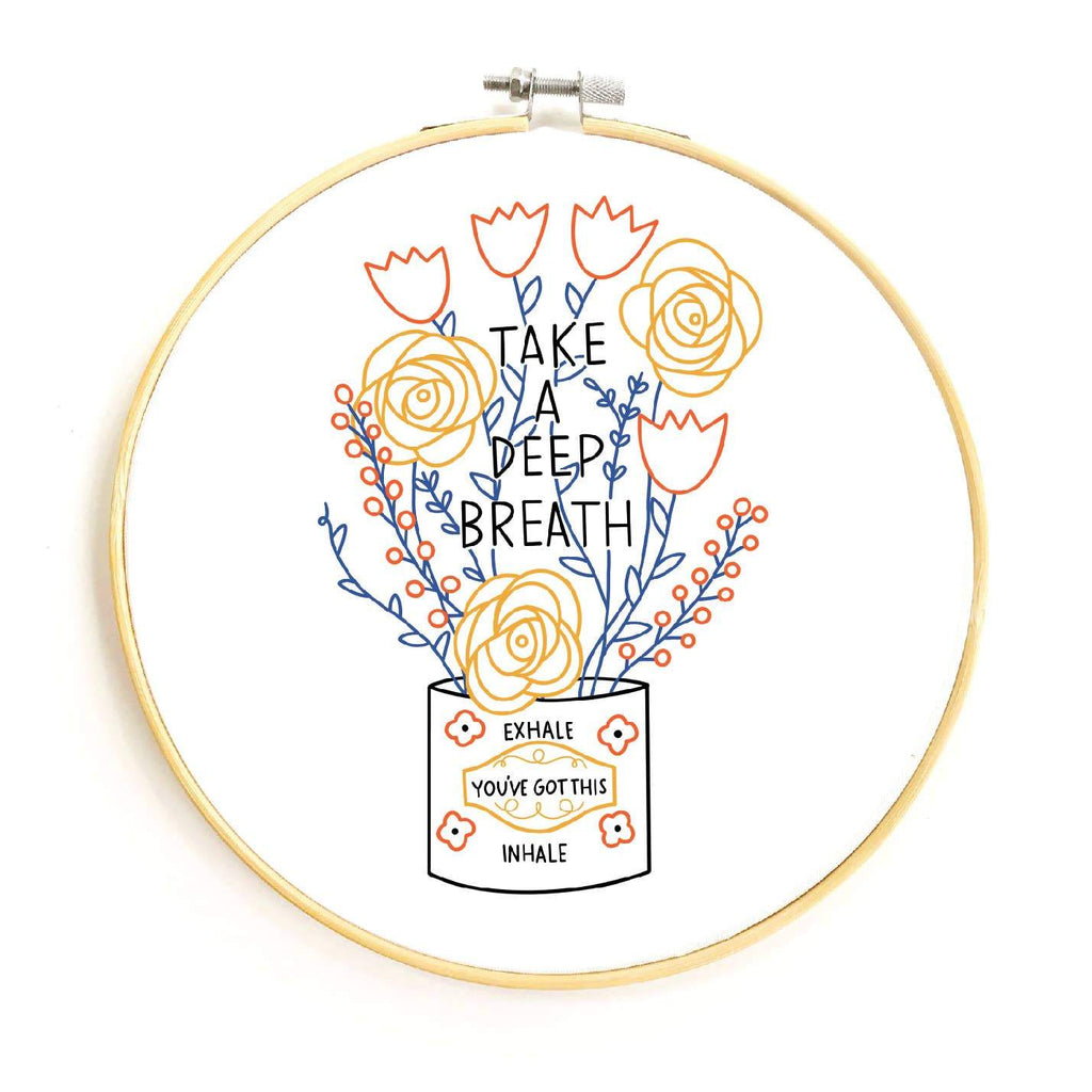 Embroidery Kit with flowers in vase and Take a Deep Breath Exhale you've got this inhale text- Austin Gift Shop