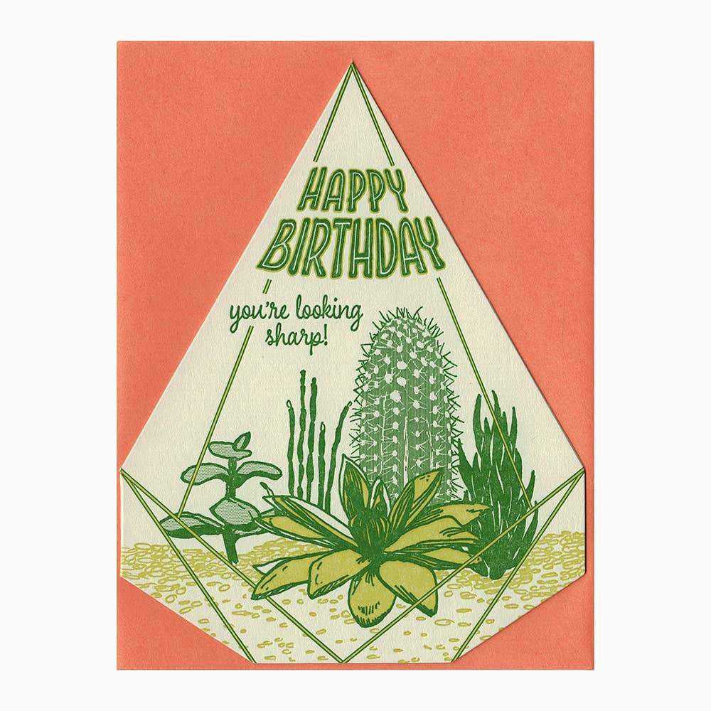 Letterpress card with succulents and Happy Birthday you’re looking sharp text - Austin Gift Shop