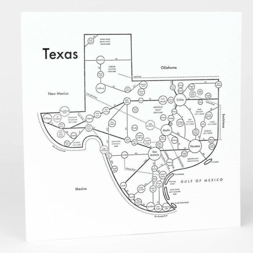 Black and white letterpress map print of Texas with cities and towns labeled - Austin Gift Shop