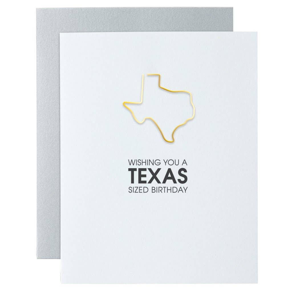 Letterpress Greeting Card with Texas Sized Birthday Text and Gold Paper Clip 
